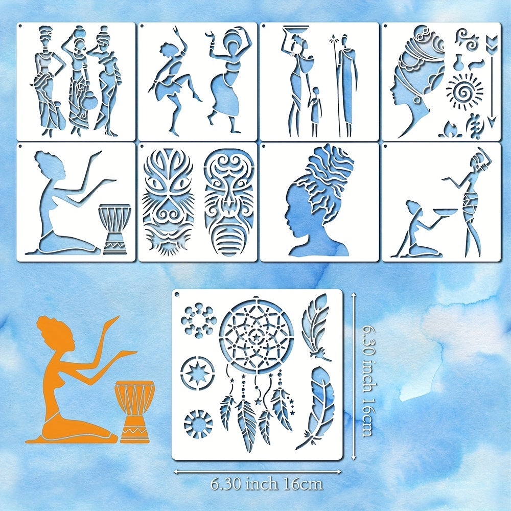 9pcs African Tribal Stencils Mask Stencil Template with Metal Ring