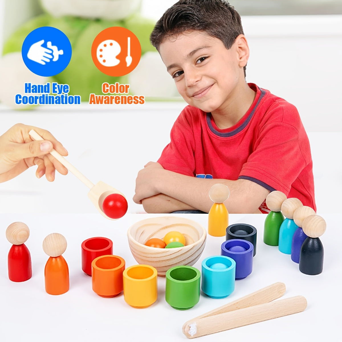 Rainbow Wooden Sorter Toy with Cups Sorting & Fine Motor Skills Development Game