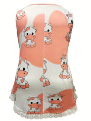  Cow Print Lace Trim Tank Top