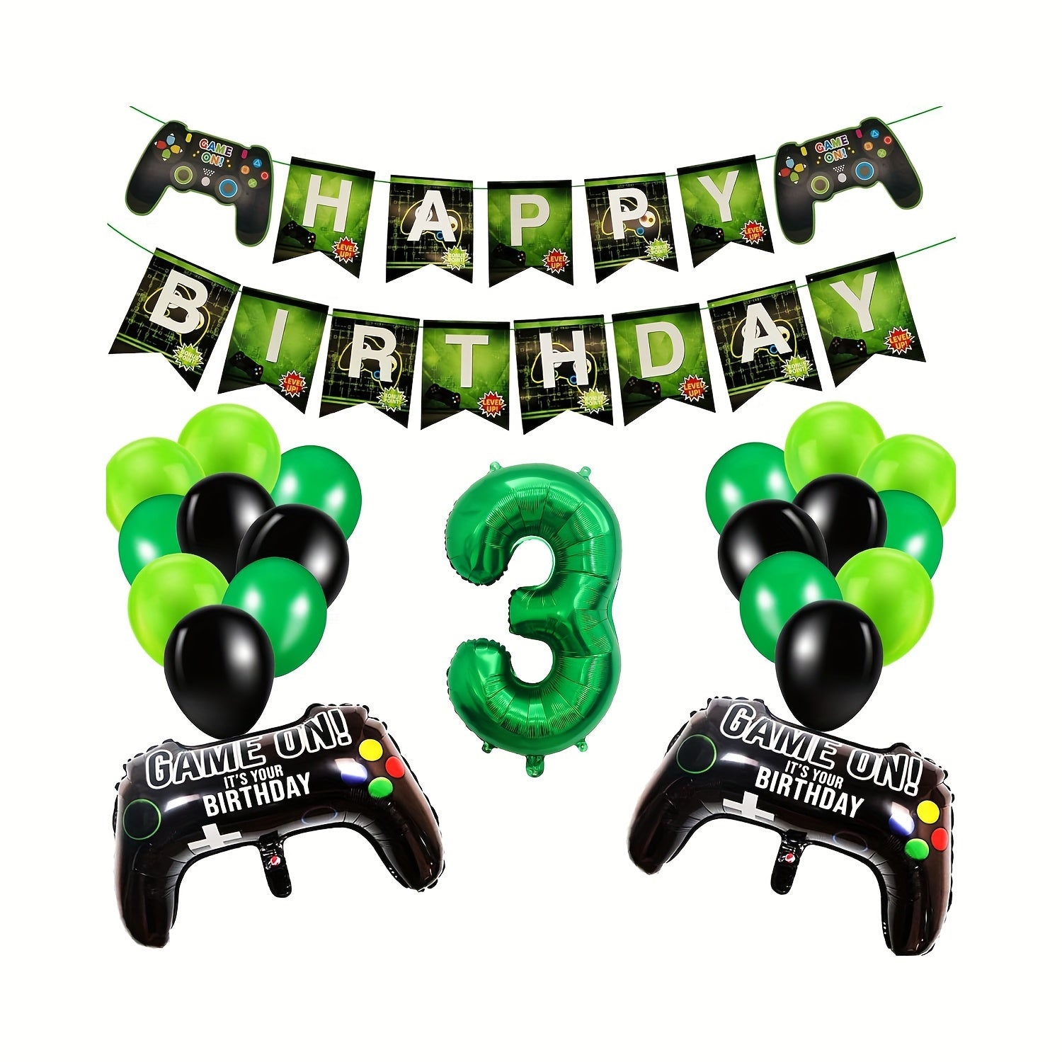 15 Yrs Old Gamepad Theme Bday Party Set Game Fan Decor Number Balloon Pull Flag