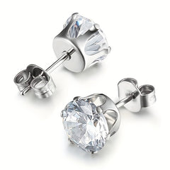 Men's Stainless Steel Claw Stud Earrings with Zircon 3mm 8mm