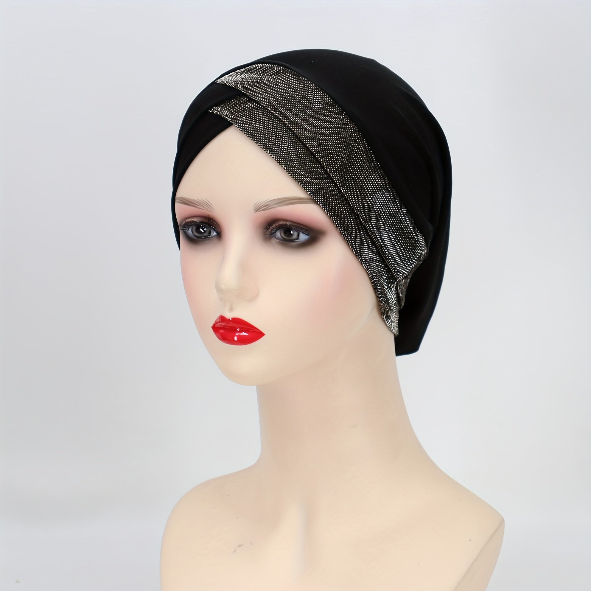 Glitter Forehead Cross Turban Cap Solid Head Wrap Bandana Headwear