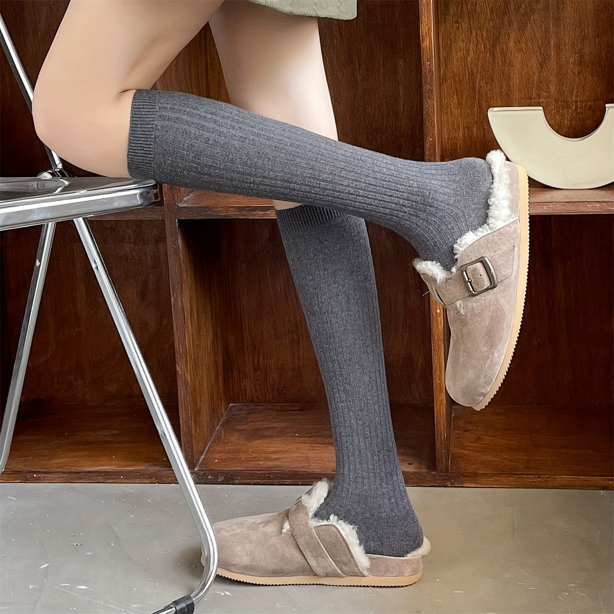 Solid Ribbed Knee High Socks Women's Stockings & Hosiery