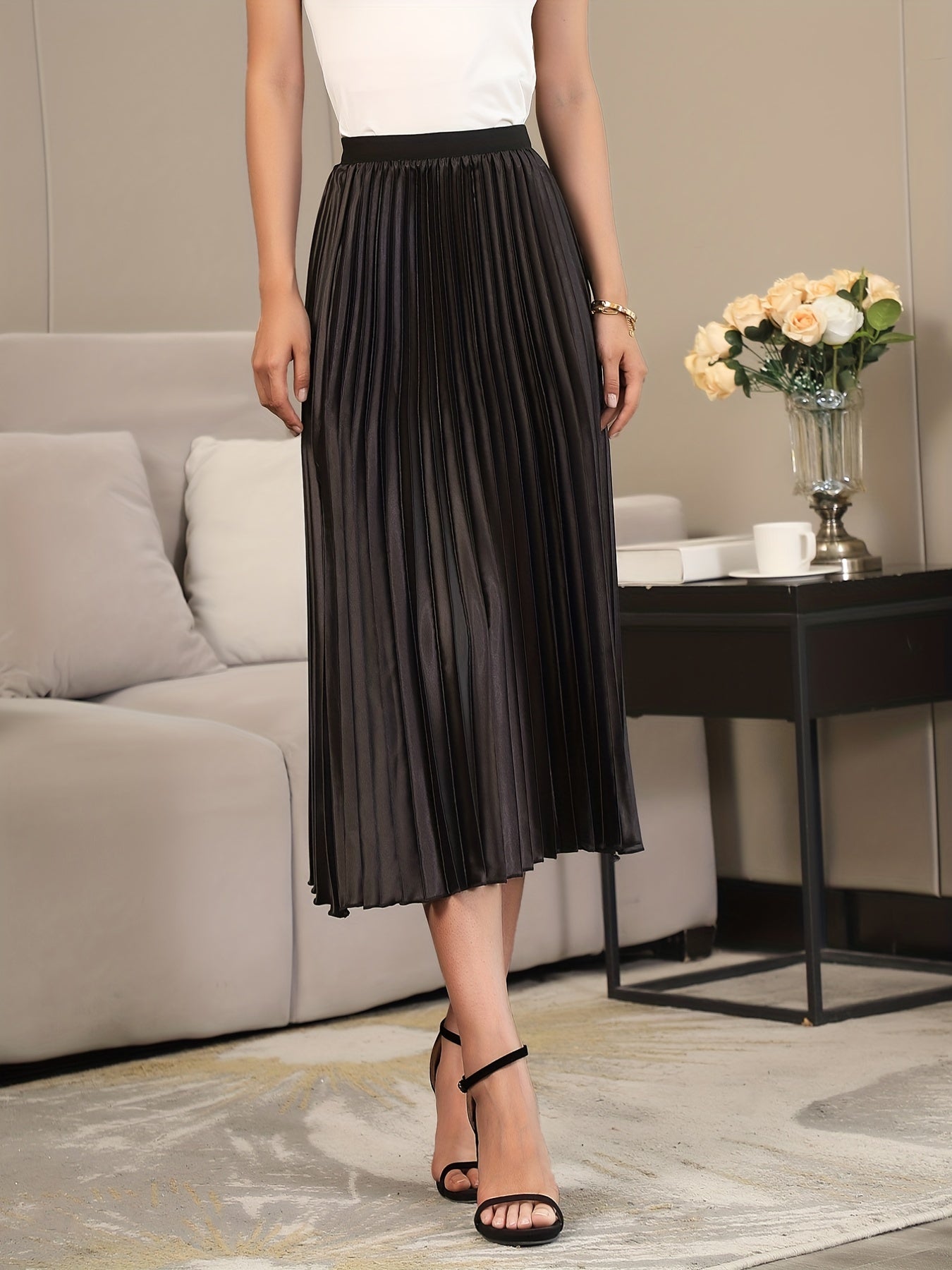 Solid Pleated A-Line Skirt with Slim Waist