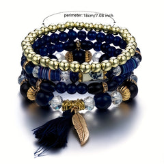 Bohemia Beaded Bracelets Tassels & Leaves Pendant Vintage Bracelet Set