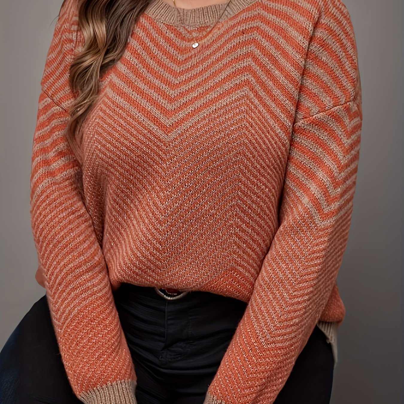  Casual Stripe Print Sweater Long Sleeve Round Neck Jumper