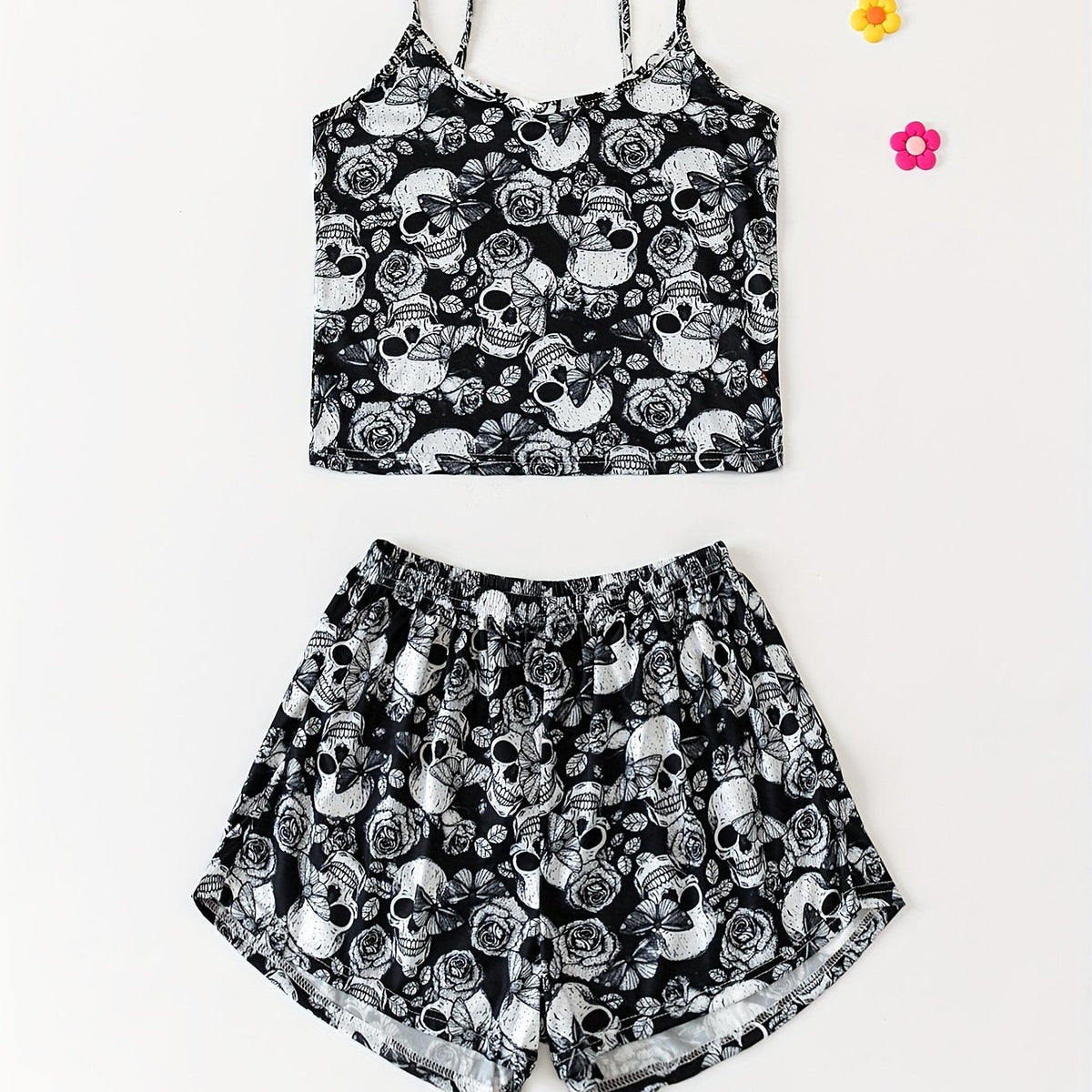 Skull Print Halloween Pajama Set Crew Neck Cami Top & Elastic Waistband Shorts