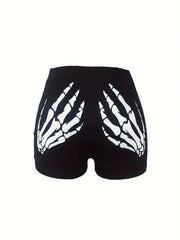  Halloween Skull Print High Rise Skinny Shorts