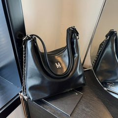 Metal Chain Large Capacity Tote Bag PU Leather Textured Shoulder Bag