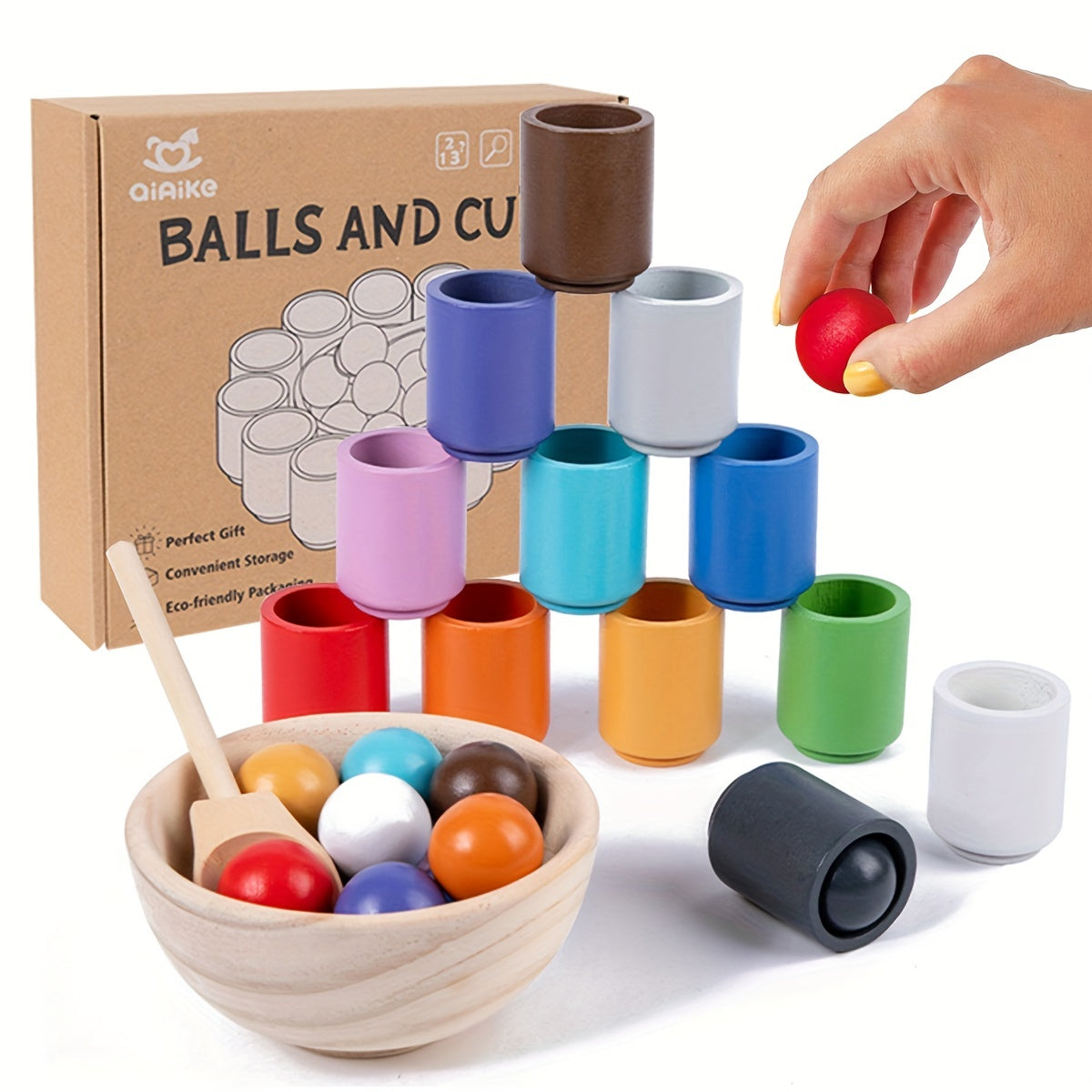 Montessori Wooden Sorter Toy Rainbow Ball And Cups Sorting Game