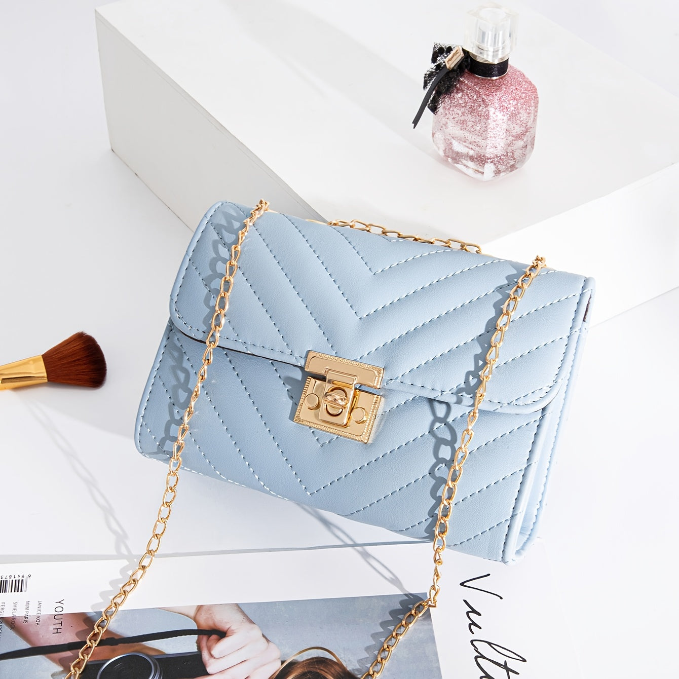 Chevron Quilted Square Shoulder Bag Chain Crossbody Purse Faux Leather Flap