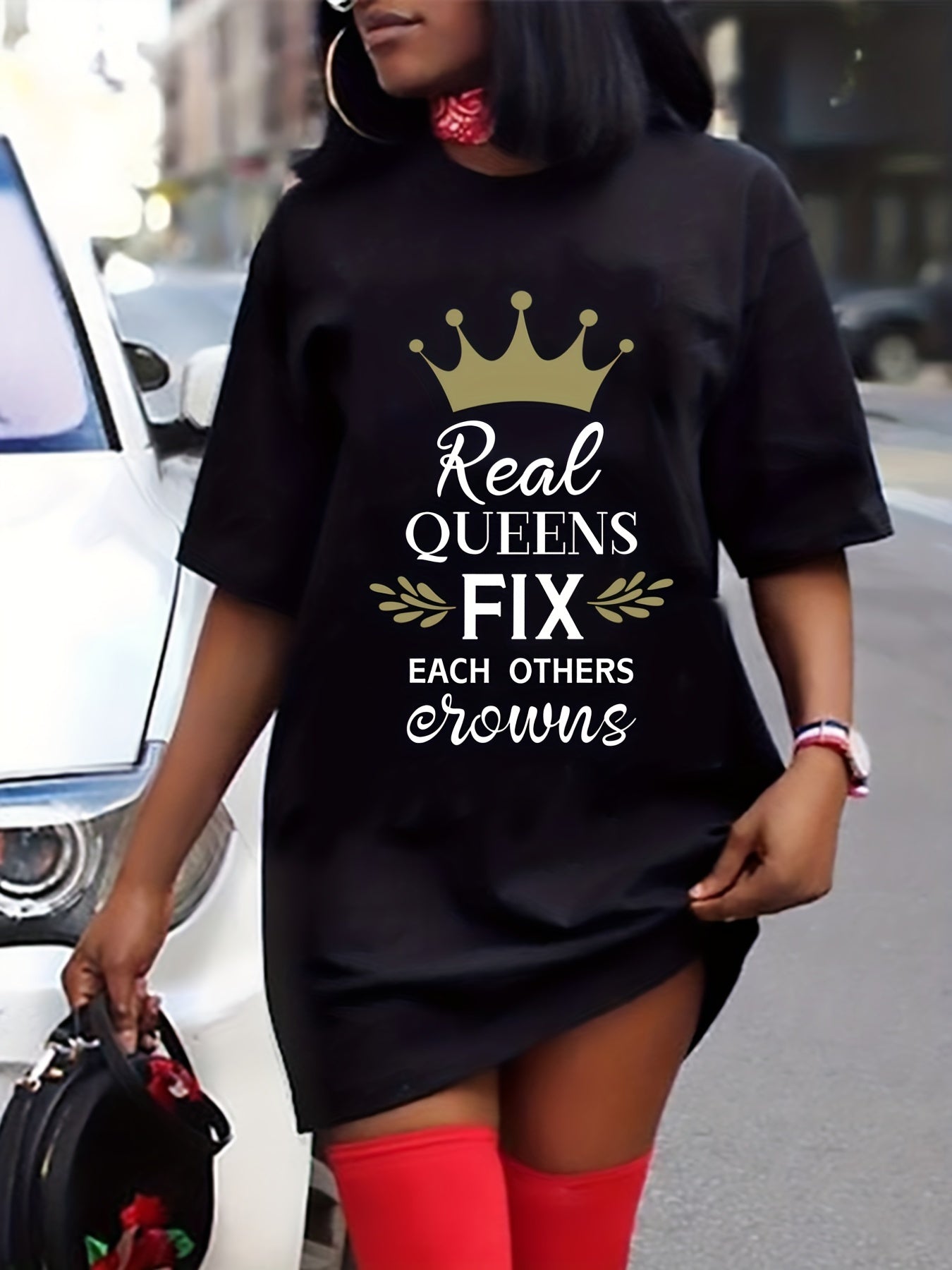 Casual Dress Women's Plus Crown & Letter Print Short Sleeve Tee Dress