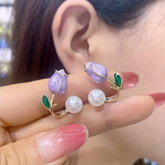 Purple Tulip Flower Pearl Stud Earrings