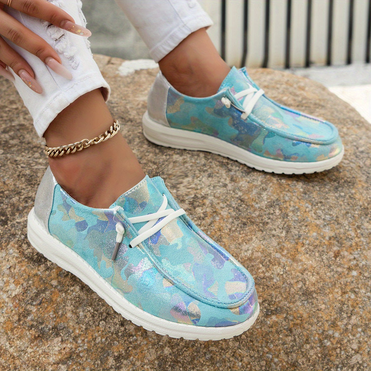 Sequins Detail Flat Slip On Low Lace Up Round Toe Shoes