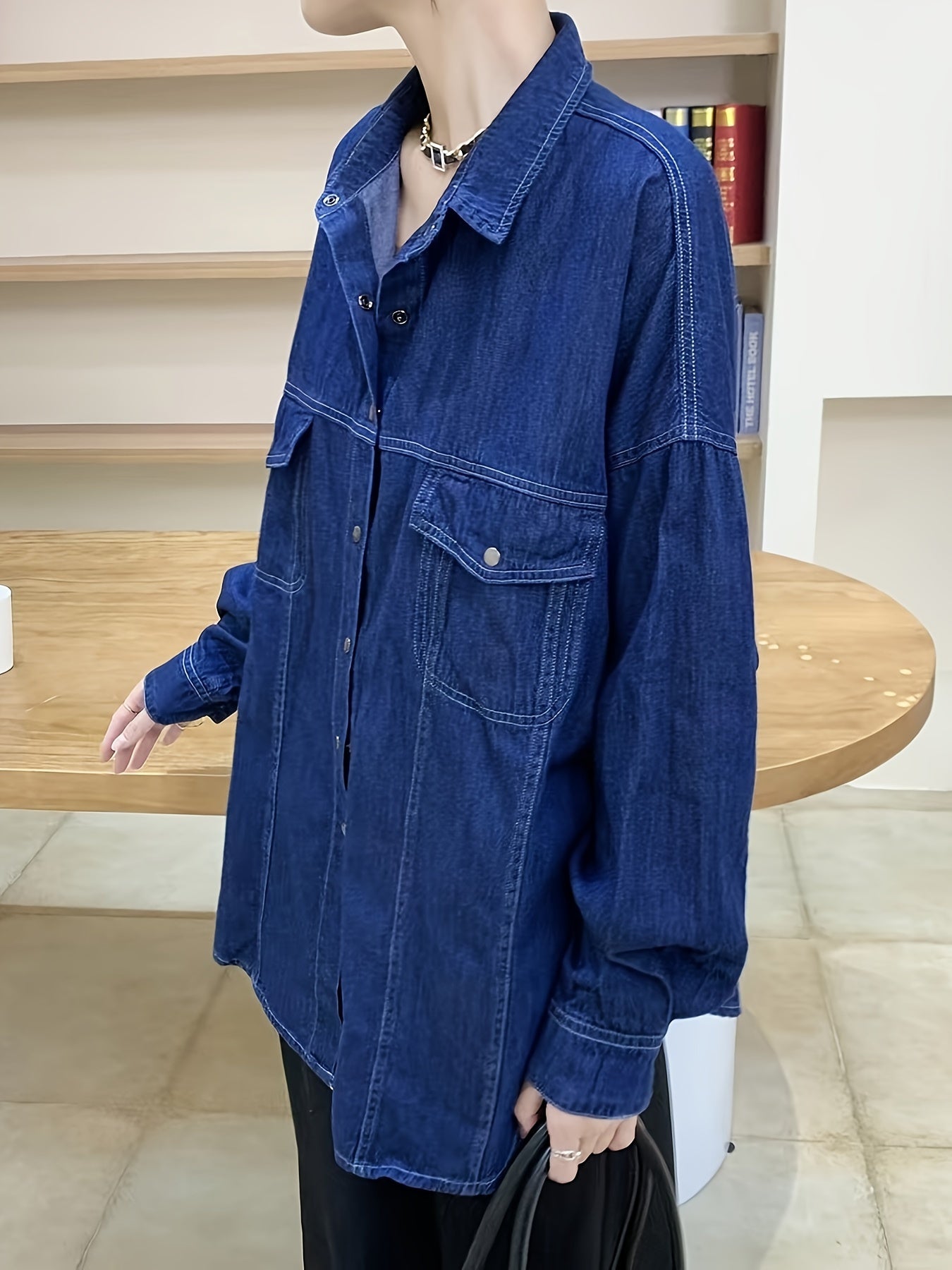  Casual Denim Top Women's Plus Solid Pipping Button Down Long Sleeve