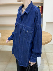  Casual Denim Top Women's Plus Solid Pipping Button Down Long Sleeve