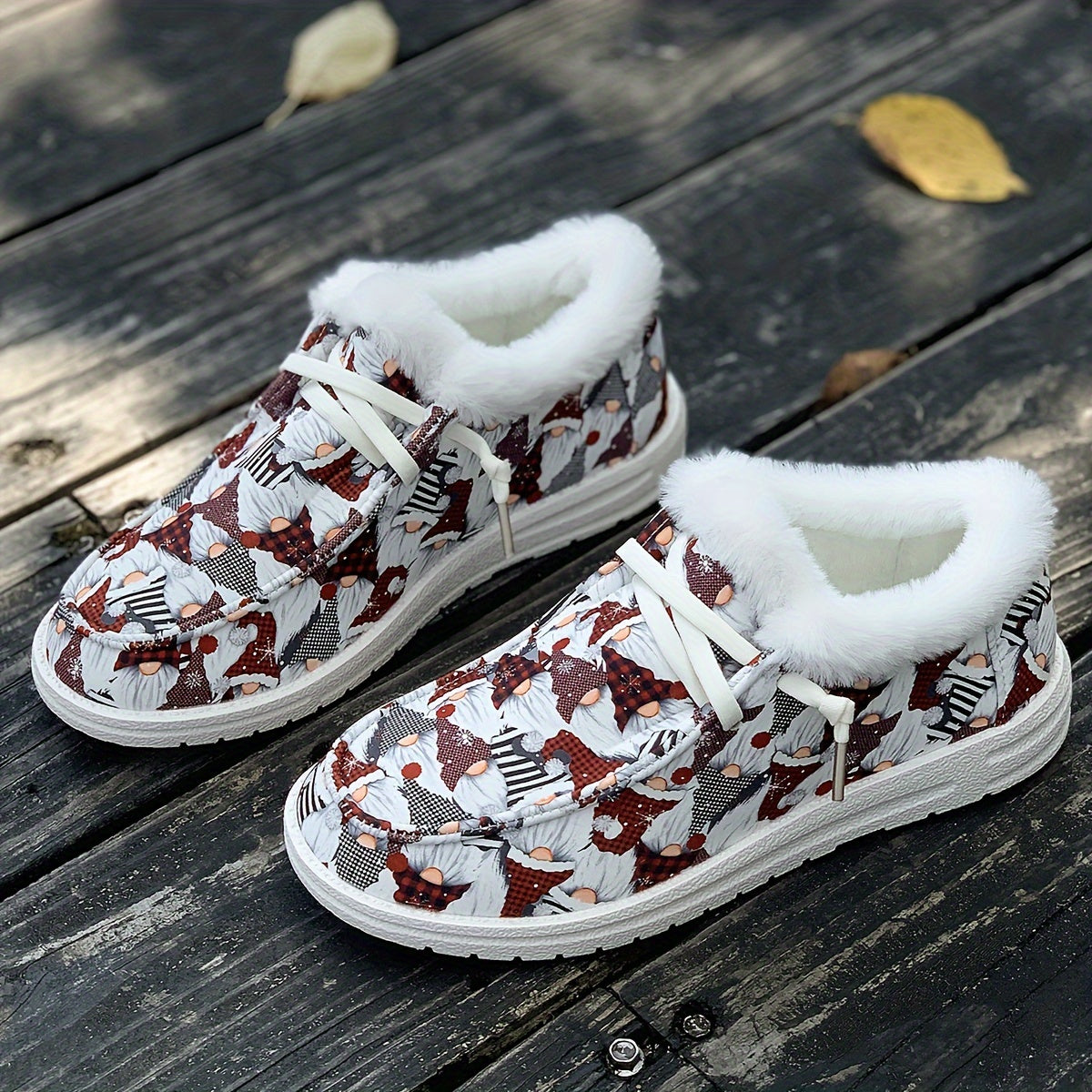 Women's Christmas Santa Print Snow Boots Plush Comfort Winter Lace up Flats