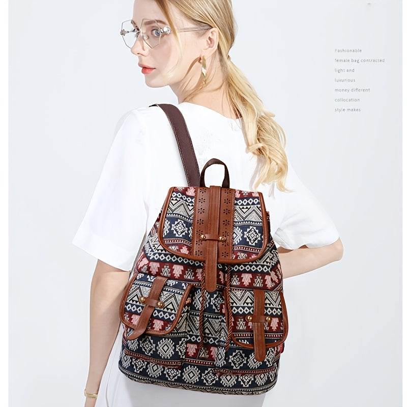 Rhombus Pattern Backpack Women's Canvas Drawstring Shoulder Bag