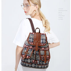 Rhombus Pattern Backpack Women's Canvas Drawstring Shoulder Bag
