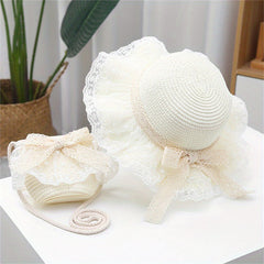 Kids Summer Straw Hat with Lace, Sunscreen Protection