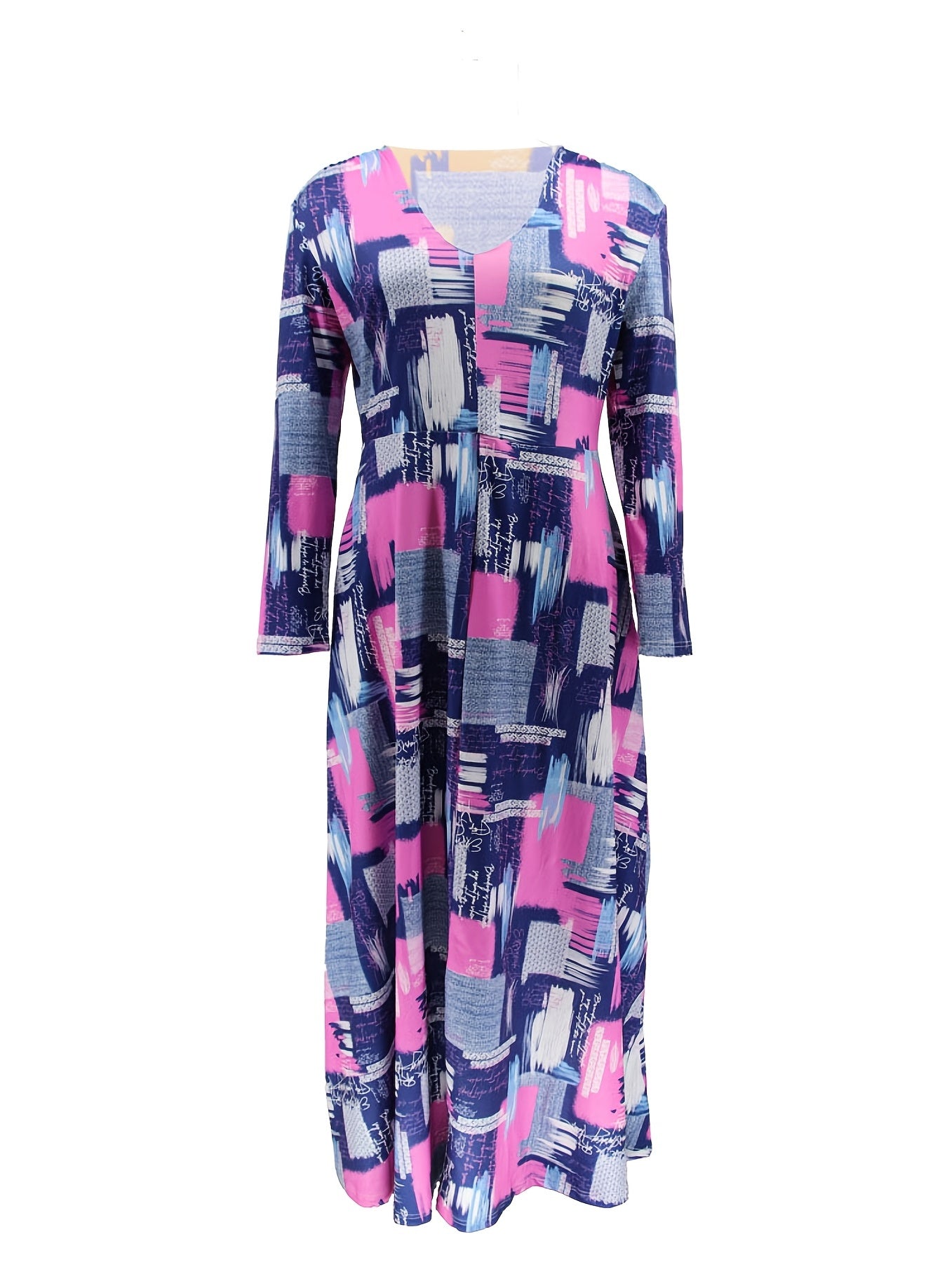  Colorblock V Neck Long Sleeve Maxi Dress Women's Plus