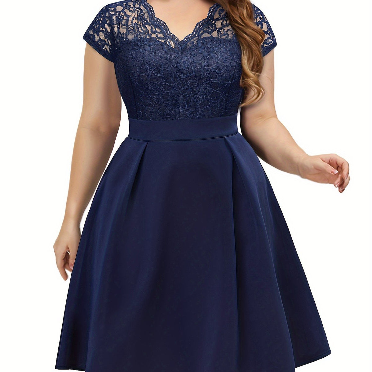  Contrast Lace Cap Sleeve V Neck A Line Dress