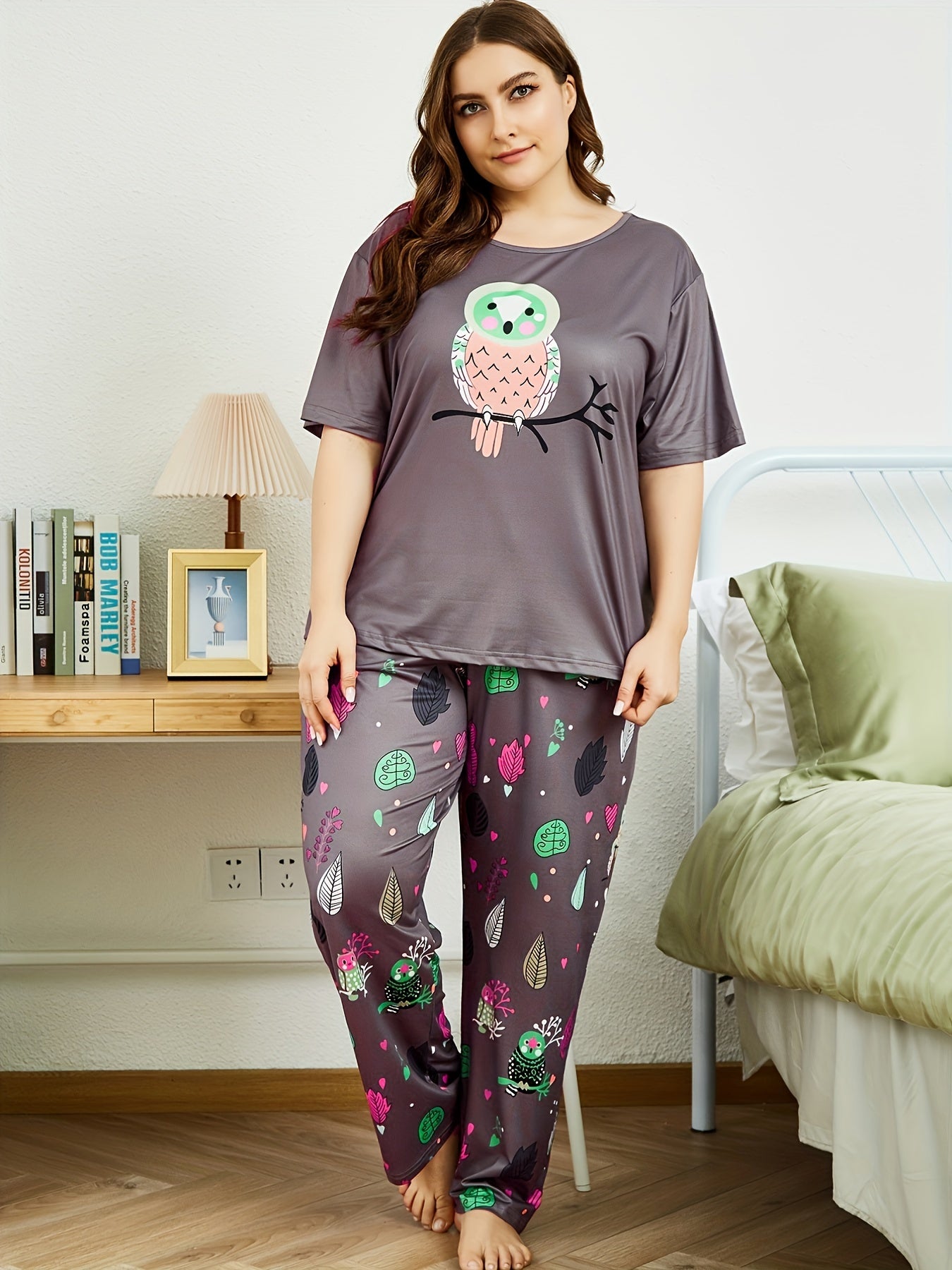  Owl Print Short Sleeve Top & Leaf Pants Pajama Set