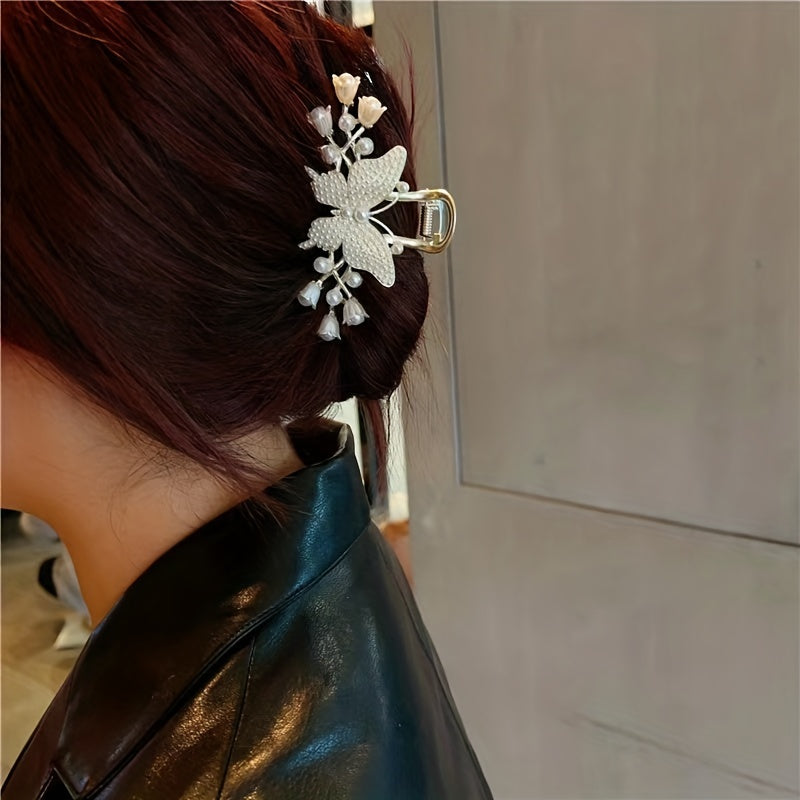 Pearl Flower Tassel Rhinestone Hair Claw for Women