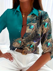  Peacock Print Button Up Long Sleeve Blouse