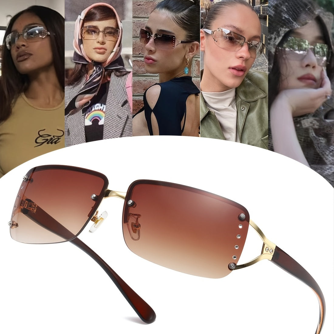Y2K Sunglasses Women Rimless Rectangle Sun Glasses Shades