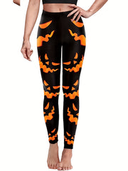 Women's Plus Pumpkin Face Print High Rise Skinny Yoga Pants