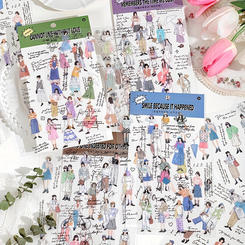 2 Sheets PET Waterproof Stickers Girl Dressing DIY Notebook Material Stickers