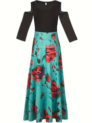  Colorblock Cold Shoulder Maxi Dress