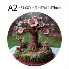 Plywood Puzzle 500 Pieces Vibrant Peach Tree with Mushrooms & Flowers