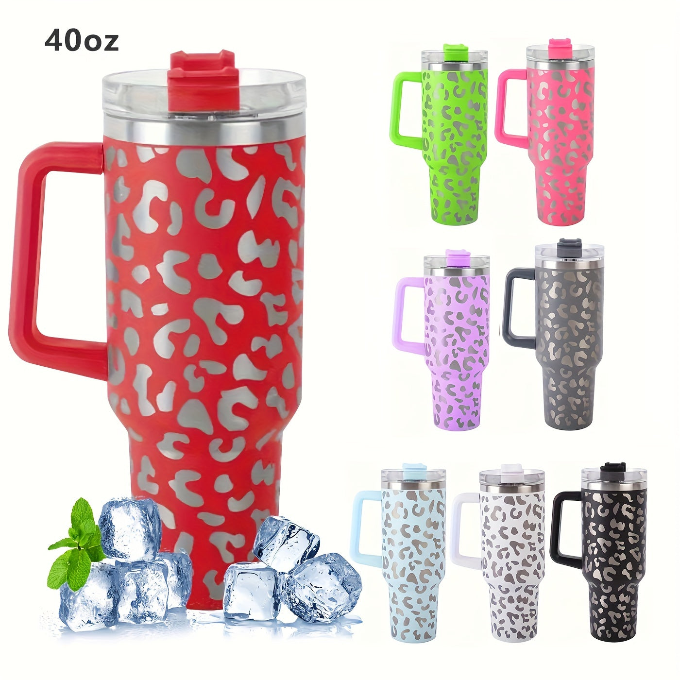 Leopard Print 40oz Insulated Tumbler w/ Handle & Straw Lid Stainless Steel