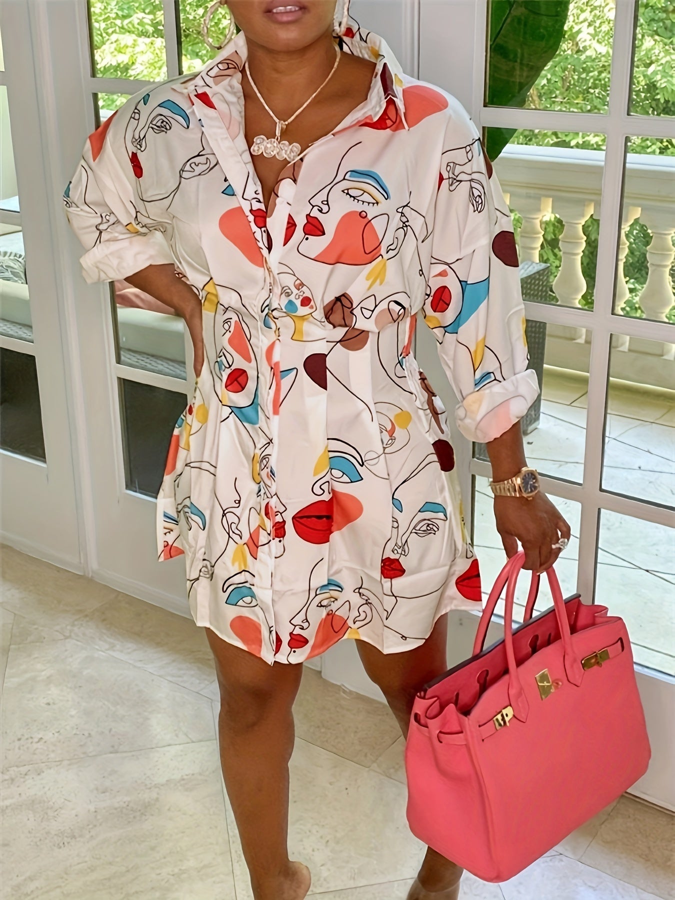  Abstract Face Print Button Up Shirt Dress