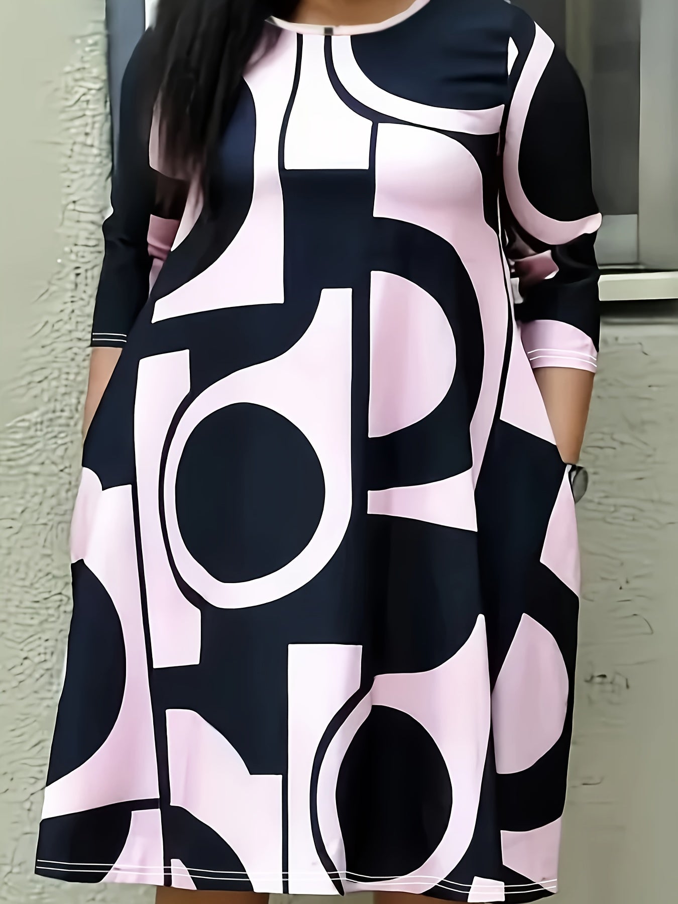  Colorblock Geometric Print Round Neck Midi Dress