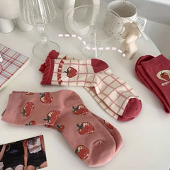 5 Pairs Strawberry Print Socks Sweet & Mid Tube Socks Women's Stockings