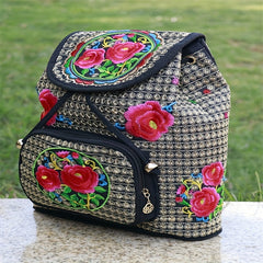 Flower Embroidered Backpack Ethnic Style Daypack Drawstring Bag