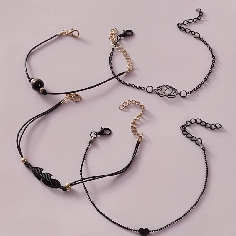 4 Pcs Stackable Lotus Chain Anklet Set For Women