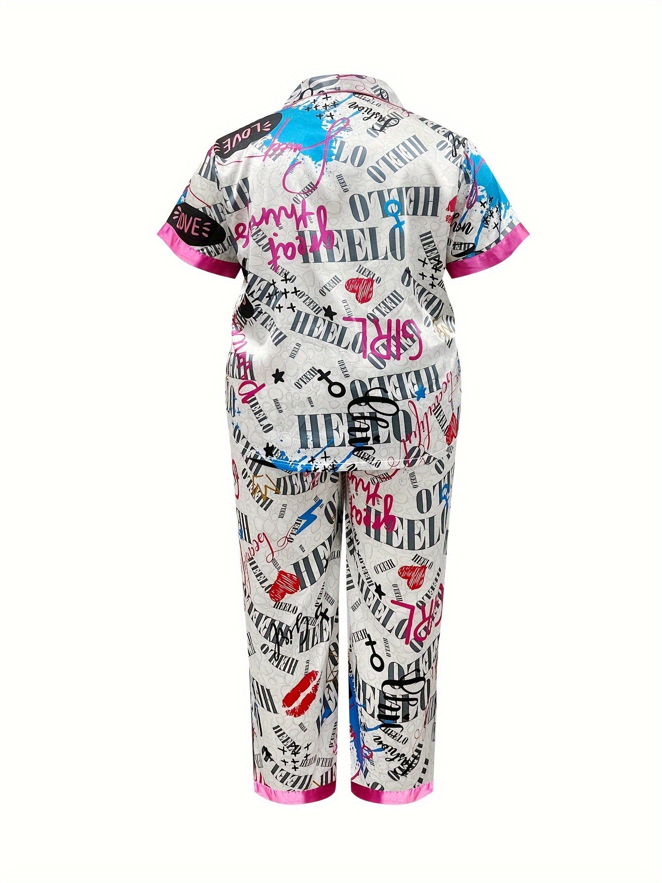  Y2K Pajamas Set Women's Plus Graffiti Print Satin Lounge 2 Piece
