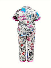  Y2K Pajamas Set Women's Plus Graffiti Print Satin Lounge 2 Piece