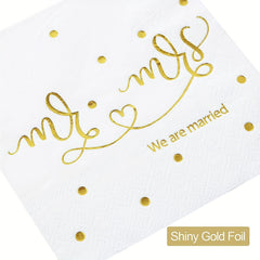 20pcs Mr & Mrs Wedding Cocktail Napkins Golden Foil - Wedding Shower Party Decor