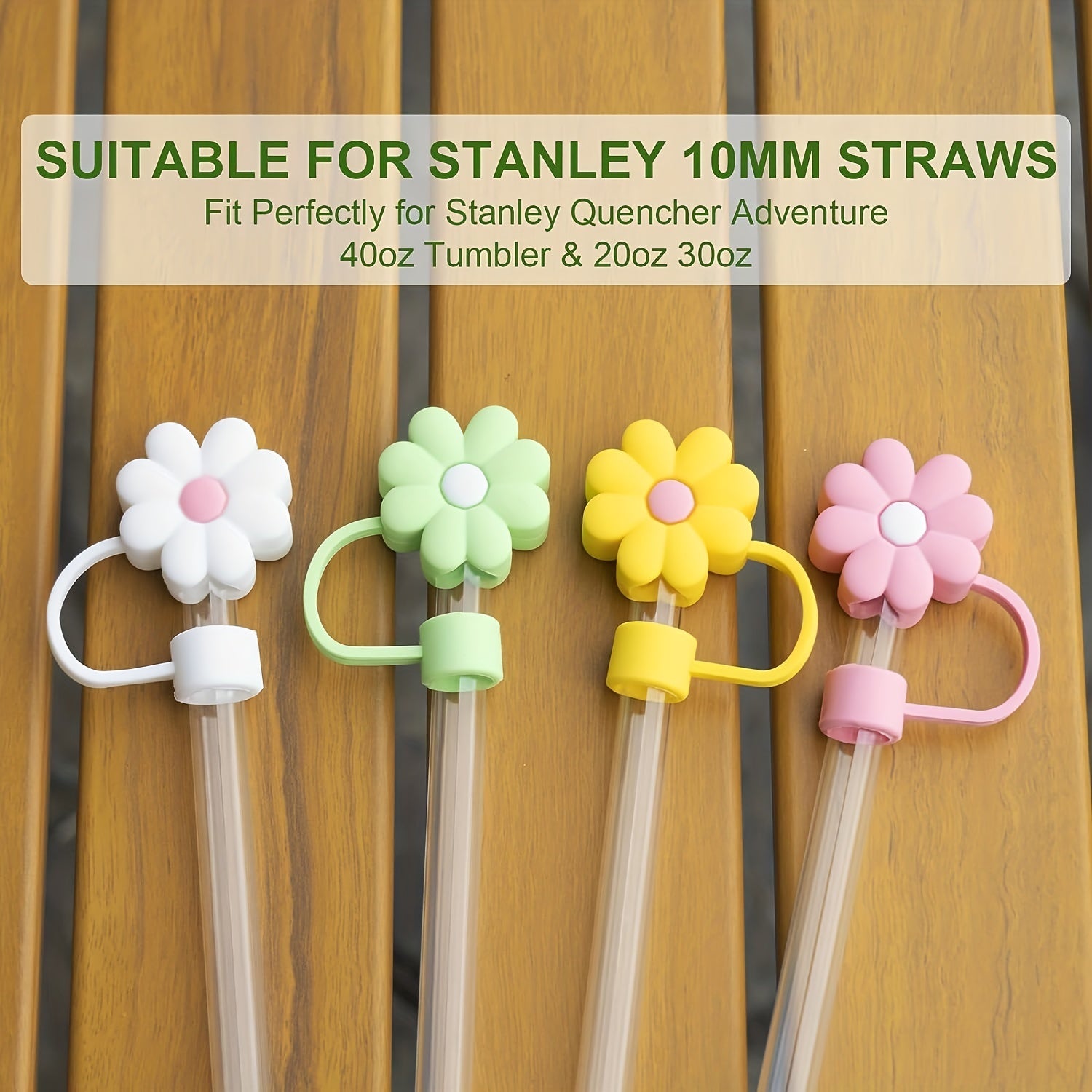 4pcs Cartoon Flower Silicone Straw Covers - Reusable Dustproof Straw Lid