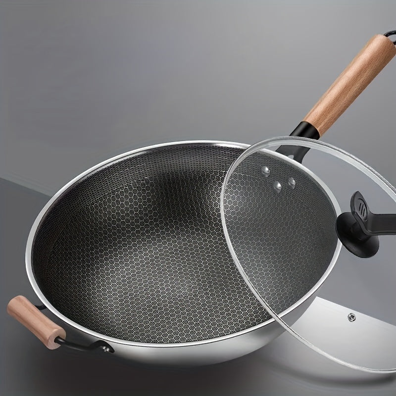Non Stick Wok With Lid 32 Stainless Steel Honeycomb Coating Deep Frying Pan