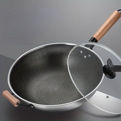 Non Stick Wok With Lid 32 Stainless Steel Honeycomb Coating Deep Frying Pan