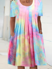  Tie Dye Boat Neck Pleated Midi Dress With Pockets