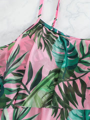  Boho Tankini Set Tropical Print Ruffle Trim Cami Top & Panty Swimsuit
