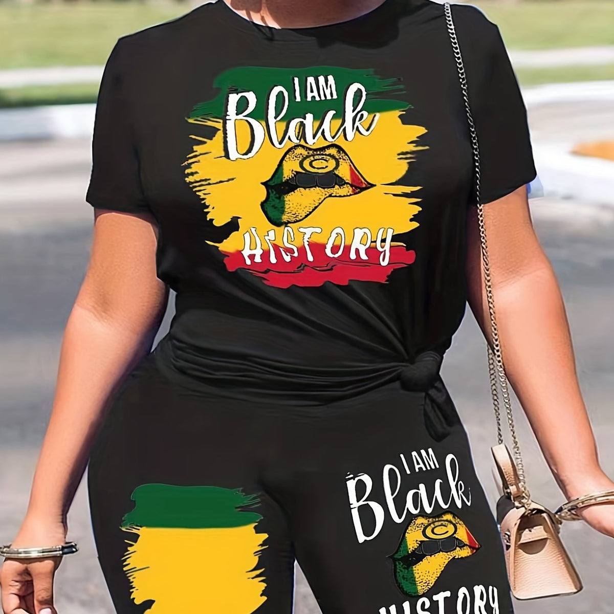  Colorblock Slogan & Lip Print Crop Top & Shorts Set