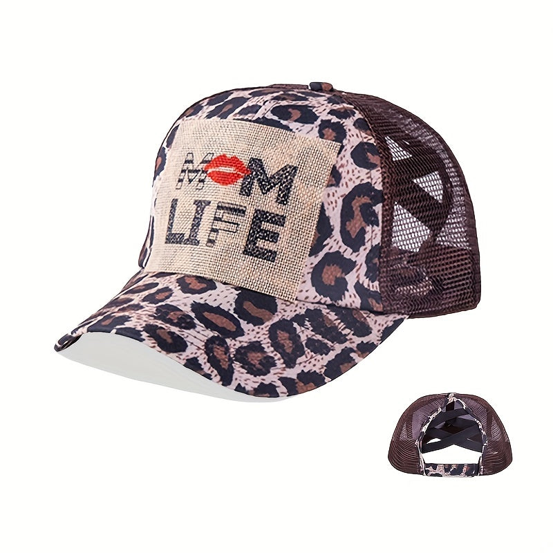 Mom Life Ponytail Baseball Cap Leopard Print Patch Trucker Hat Mesh